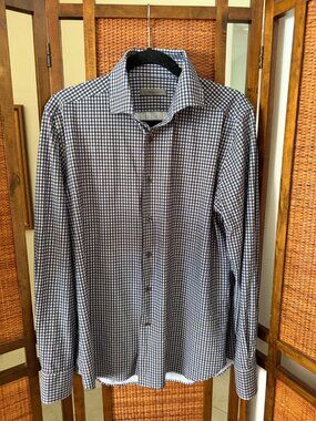 Corneliani Mens Stretch Gingham Check Dress Shirt 16/41 M Blue Brown White